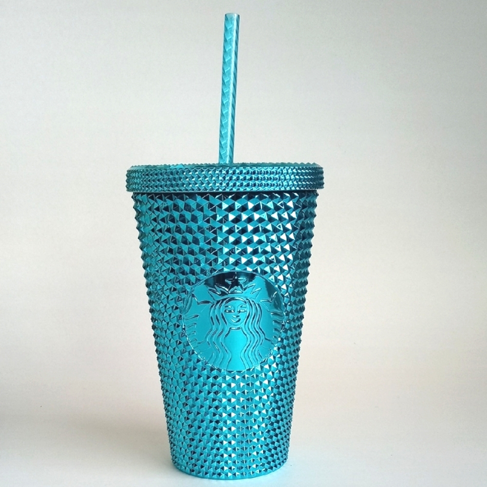 Starbucks 16oz Metallic Teal Turquoise Studded Tumbler with Straw